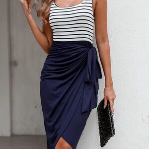 Cupshe Striped Top and Navy Skirt Wrap Dress Cover Up Summer Beach Size Small